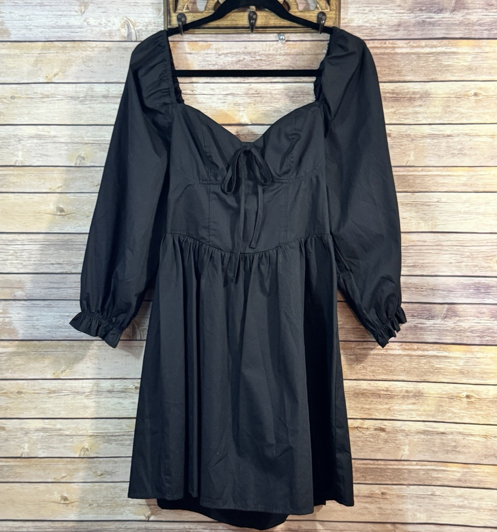 GB Womens Black Puff Sleeve Empire Waist Babydoll Mini Dress Sweetheart Romantic